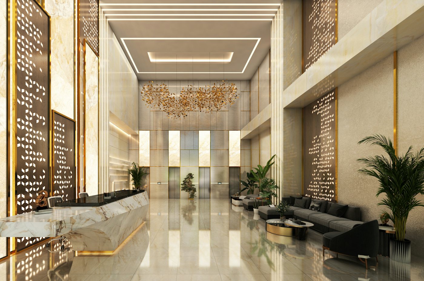 Modern otel lobisi ve resepsiyon
